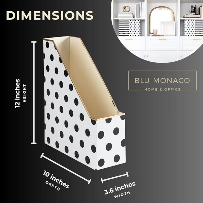 BLU MONACO Set of 4 Stylish Magazine File Boxes - 2 Black and White Stripes and 2 Polka Dots - Office Organization and Storage, Paper Organizer for Desk - Workspace and Classroom Organization-DeskLoop Office