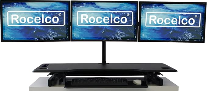Rocelco 46" Standing Desk Converter with AC USB Charger and Triple Monitor Mount Arm - Height Adjustable Sit Stand Up Three Screen Riser Workstation - Keyboard Tray - Black (R DADRB-46-ACUSB-DM3)-DeskLoop Office