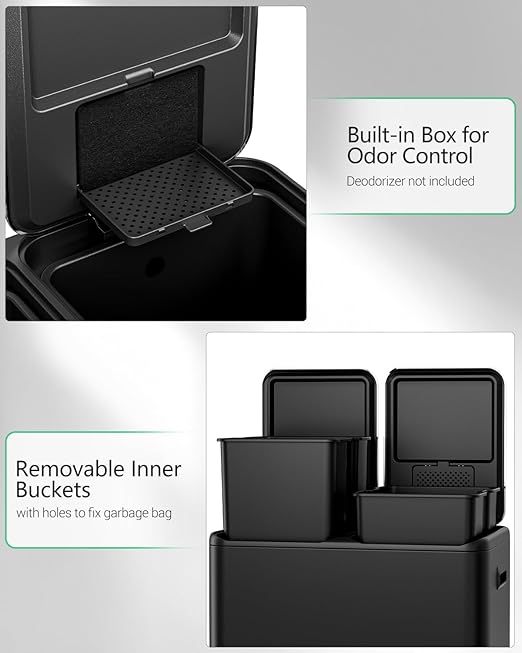 TLSUNNY Kitchen Dual Trash Can, 60L Hands-Free Stainless Steel Garbage Can, Classified Rubbish Bin with Double Compartments, Soft-Close Lid, Inner Bucket, Odor Control (60L) (Black)-DeskLoop Office