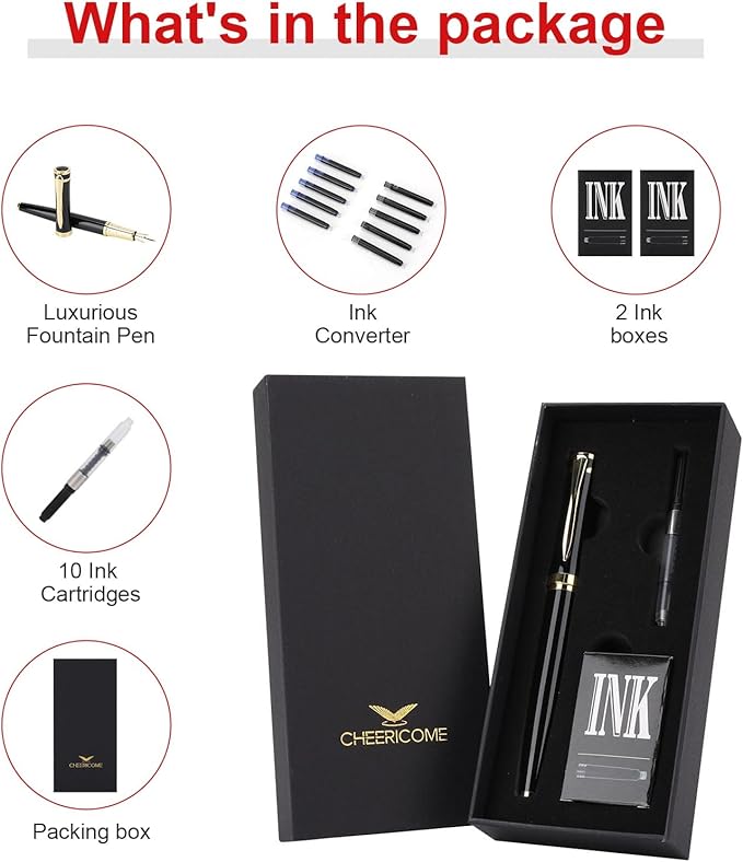 Cheericome Fountain Pen - Ink Pen for Smooth Writing - Exquisite Fountain pen gift set for Men & Women - Fountain Pen Fine Nib,Includes 10 Ink Cartridges and Ink Refill Converter - Black-DeskLoop Office