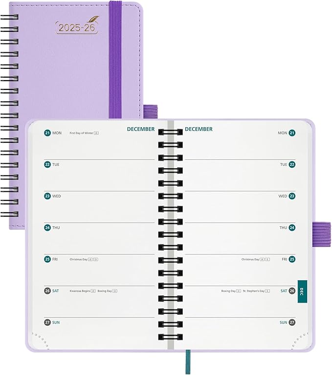 BEZEND Pocket Planner 2025-2026 Weekly with 2 Columns, 18-Month Academic Calendar (Jul 25-Dec 26), Life Work App., Storage Pocket, Pen Holder, PU Leather Softcover 3.5" x 6" Spiral - Lilac-DeskLoop Office