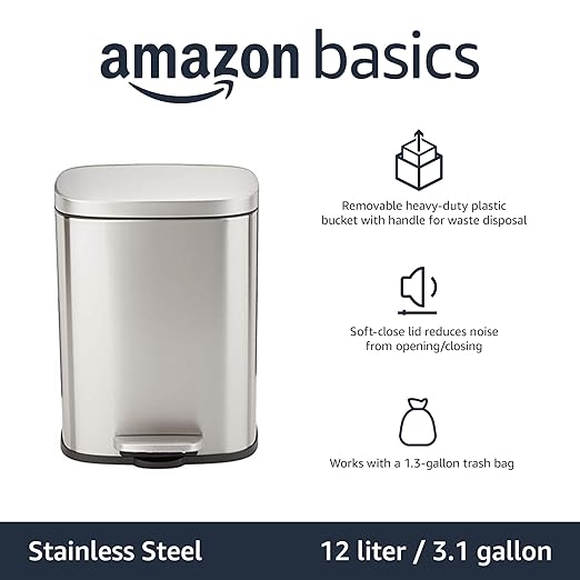 Amazon Basics Smudge Resistant Small Rectangular Trash Can With Soft-Close Foot Pedal, Brushed Stainless Steel, 12 Liter/3.1 Gallon, Satin Nickel Finish, 11.3"L x 9.9"W x 15.1"H-DeskLoop Office