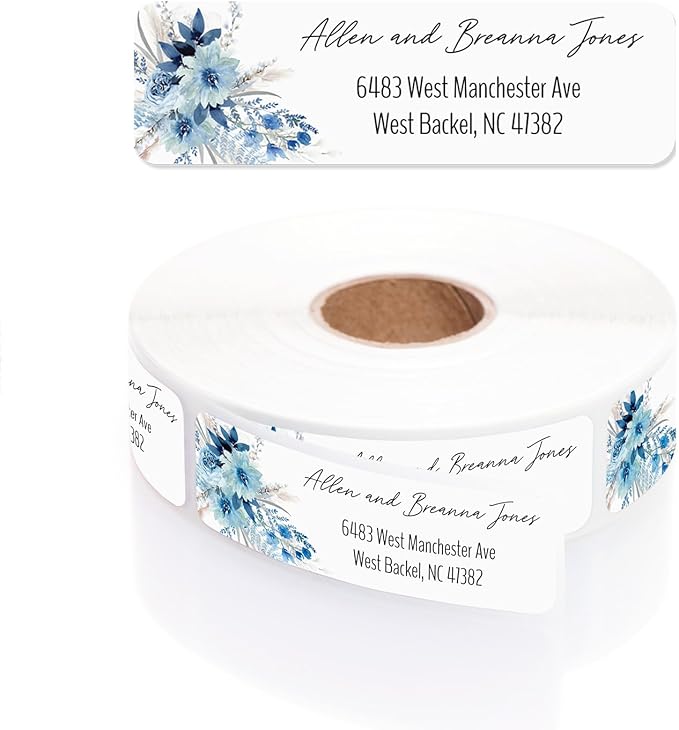 Blue Floral Rolled Address Labels / 250 Personalized Return Address Labels/Designer Address Stickers in Elegant Plastic Dispenser-DeskLoop Office