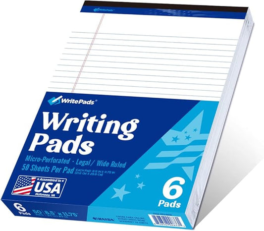 Legal Pad 8.5 x 11 Note Pad, Wide Ruled Writing Pad, White Paper, 6-Pack, 50 Sheets Per Pad, Micro-Perforated Notepad, Office Supplies (KSU-8331) - Made in the USA-DeskLoop Office