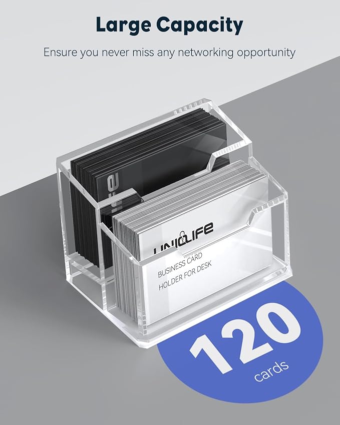 Uniclife Acrylic Business Card Holder for Desk 2 Slots Clear Business Card Display Stand for Men & Women Desktop Business Card Organizer Card Stand for Office Home Exhibition, 120 Card Capacity-DeskLoop Office
