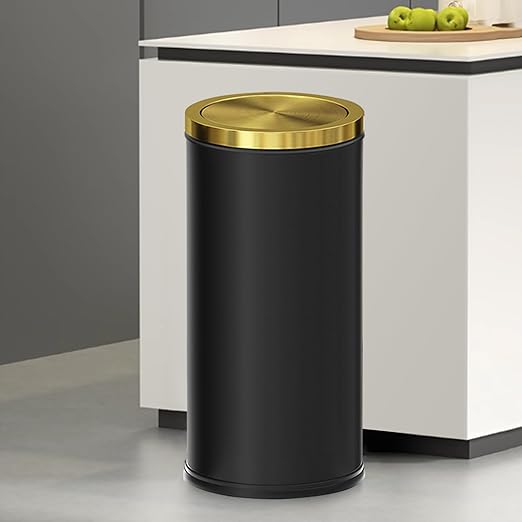 Brushed Gold Kitchen Trash Can with Swing Lid 7.8Gallon,Stainess Steel Commercial Garbage Can Wastebaskets for Shopping mall,Hotel Lobby,Airport, Alevator Using (Black with gold lid, 7.8 gallon)-DeskLoop Office