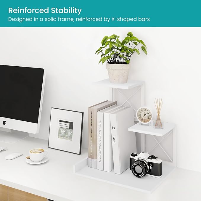 ELITEROO Desk Shelf, Wood Small Bookshelf Desktop Shelves and Organizer, Freestanding 3 Tier Storage Display Stand Home Office Decor for Books Plants Toys, White-DeskLoop Office