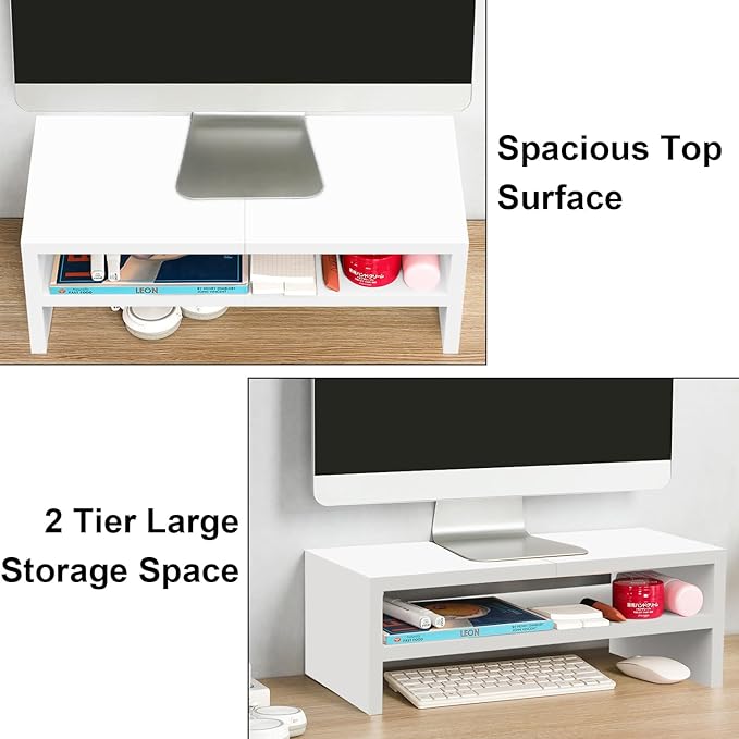 TEAMIX 2 Tier White Monitor Riser Stand, Wood Desktop Stand with storage for Laptop/PC/Printer/Keyboard, TV Stand Shelf Home Office Desk Accessories-DeskLoop Office