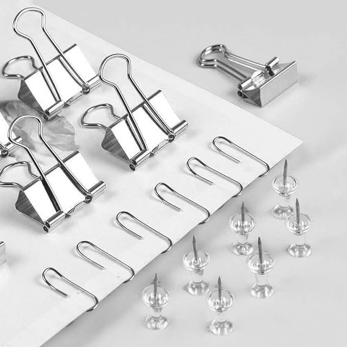 Silver Binder Clips and Paper Clips Push Pins Tacks Sets, Total 72 PCS Assorted Sizes Office Supplies Set for Women, Student, School, Home & Desk Supplies-DeskLoop Office