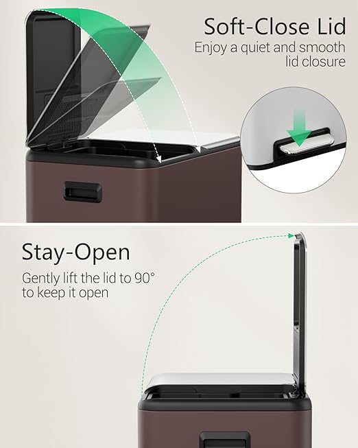 TLSUNNY Kitchen Dual Trash Can, 60L Hands-Free Stainless Steel Garbage Can, Classified Rubbish Bin with Double Compartments, Soft-Close Lid, Inner Bucket, Odor Control (60L) (Brown)-DeskLoop Office