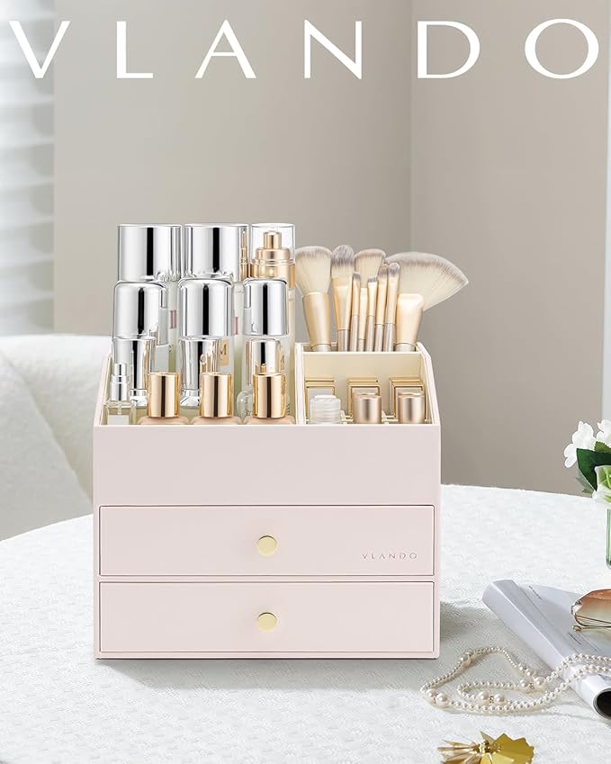 Vlando Makeup Organizer,Skincare Organizer for Vanity,PU Leather Make up Organizer with Drawers Cosmetic Display Case for Countertop,Perfume,Gifts Ideas for Women (Apricot White)-DeskLoop Office