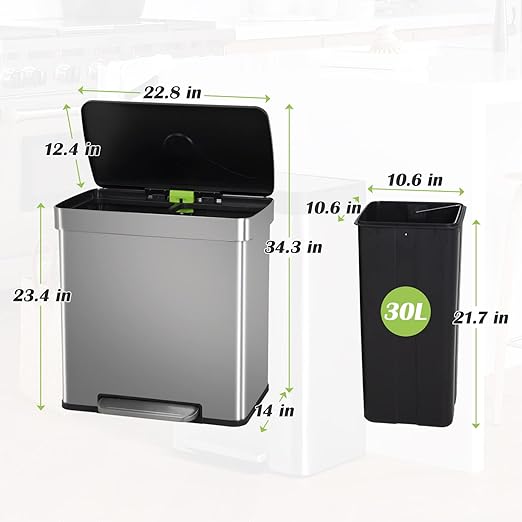 60 Liter Trash Can Soft-Close, Smude Resistant Trash Can with Foot Pedal-Brushed Stainless Steel and Two Independent Drums Waste Bin for Home, Kitchen, Office, Bathroom-DeskLoop Office