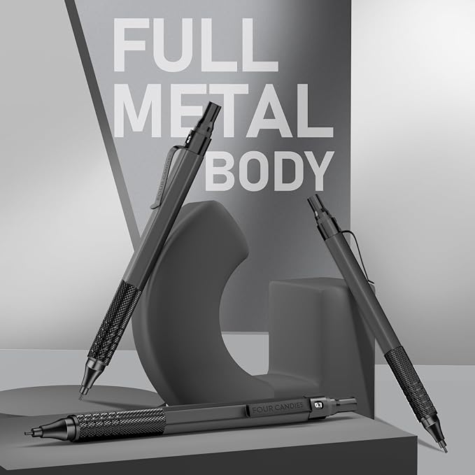 Four Candies Mechanical Graphite Pencil Set, 3pcs Black Metal Pencils with Anti-Skid Grip, Ideal for Artists, Professionals, Teachers and Students-DeskLoop Office