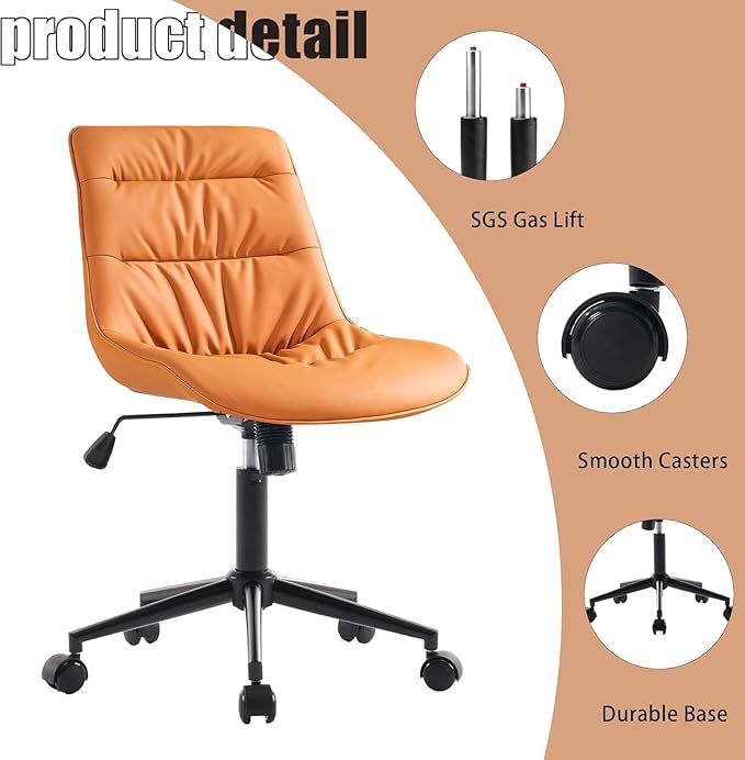 Kidol & Shellder Faux Leather Office Chair, Adjustable Swivel Height Task Chair, Rolling Wheels & Soft Backrest - Armless Ergonomic Desk Chair for Home, Office,Vanity,Gaming(Orange)-DeskLoop Office