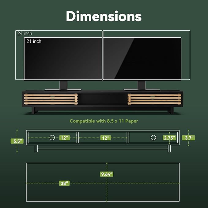 Dual Monitor Stand Riser with Sliding Door, Double Computer Laptop Stand Desk Shelf Organizer with Storage (Black + Natural Bamboo, 38 Inch)-DeskLoop Office
