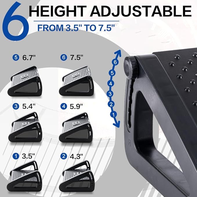 Foot Rest for Under Desk at Work - Six Heights Adjustable Under Desk Footrest - Ergonomic Foot Stools for Under Office Desks - Desks Foot Rest with Massage Rollers - Leg Rest for Chair (Black)-DeskLoop Office