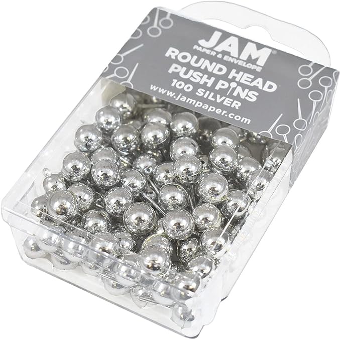 JAM PAPER Colorful Push Pins - Round Head Map Thumb Tacks - Silver PushPins - 100/Pack-DeskLoop Office