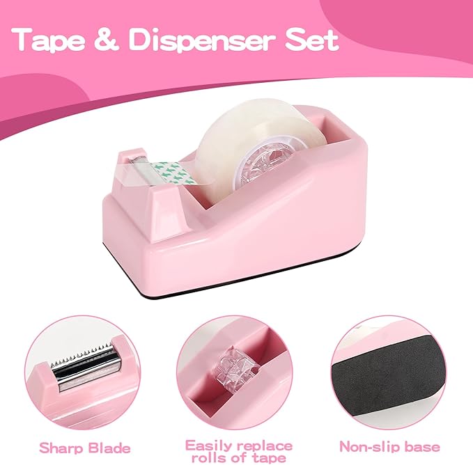 Office Desk Accessories, Pink Office Supplies Set Desk Accessories for Women, Cute Office Supplies with Stapler, Mini Stapler, Staple Remover, Tape, Clips, Scissor and Tabs, Stationary Set for Student-DeskLoop Office