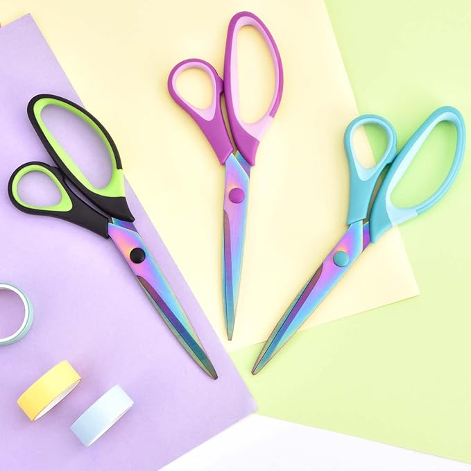 8.5" Scissors All Purpose, Multipurpose Office Scissors Set of 3 pack, Sharp Titanium Coating Blade and Soft Comfort-Grip Sturdy Scissors for Fabric School Craft Sewing Home, Right/Left Handed-DeskLoop Office