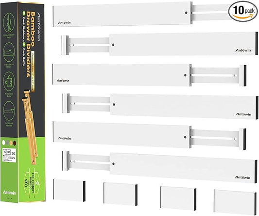 ANTOWIN Expandable Bamboo Drawer Dividers, Drawer Separators,17-22 inches Adjustable Spring-loaded Organizer for Large Utensil, Clothes, Tools Drawers, 6Pack (White)-DeskLoop Office