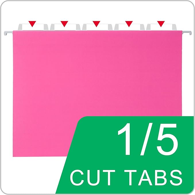 Pink Hanging File Folders,25 Packs Letter Size File Folder,Designed for Bulky Files,Filing Cabinet,1/5 Adjustable Tabs for Office,School,Home-DeskLoop Office
