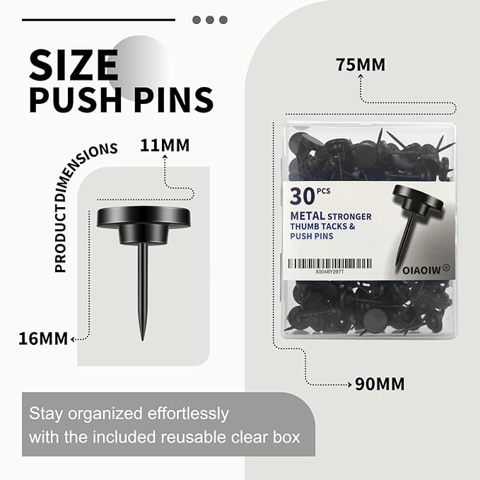 30 PCS Metal Black Push Pins for Wall Clear Thumb Tacks for Walls Flat thumbtacks Push pin for Bulletin Board Shadow Box Display Thumbtack for Cork Board-DeskLoop Office