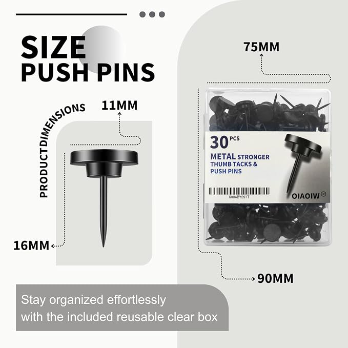 30 PCS Metal Black Push Pins for Wall Clear Thumb Tacks for Walls Flat - Image 6