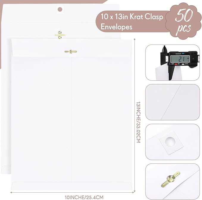 Teling 50 Pcs Manilla Envelopes Clasp Kraft Catalog with Closure for Storing Mailing 28 lb Kraft Envelope Paper for Office Document School Business Home (White,10 * 13)-DeskLoop Office
