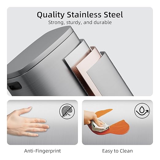 KUK 13 Gallon/50L Stainless Steel Kitchen Trash Can with Lid and Step Pedal-Large Capacity Garbage Bin with Odor Seal, Silent Close Lid, Removable Inner Bucket, Titanium Silver-DeskLoop Office