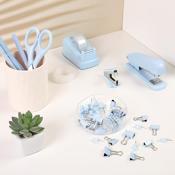 SKYDUE Blue Office Desk Accessories, Blue Office Supplies, Stapler, Tape Dispenser, Scissors, Clips and 1000pcs Staples,Desk Supplies for Women-DeskLoop Office
