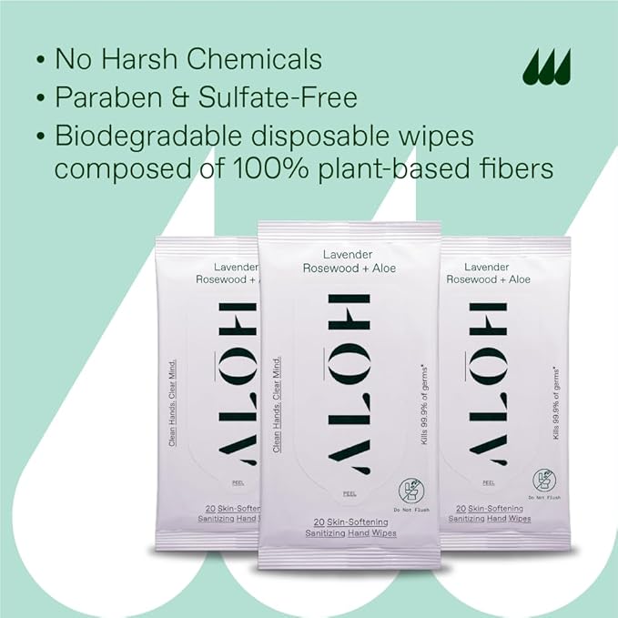 ALŌH Lavender Rosewood + Aloe Sanitizing Hand Wipes - Clean Hands, Clear Minds - On The Go Sanitizing Hand Wipes for Kids and Adults - Travel Size 3 Pack, 20ct Wipes (60 wipes)-DeskLoop Office
