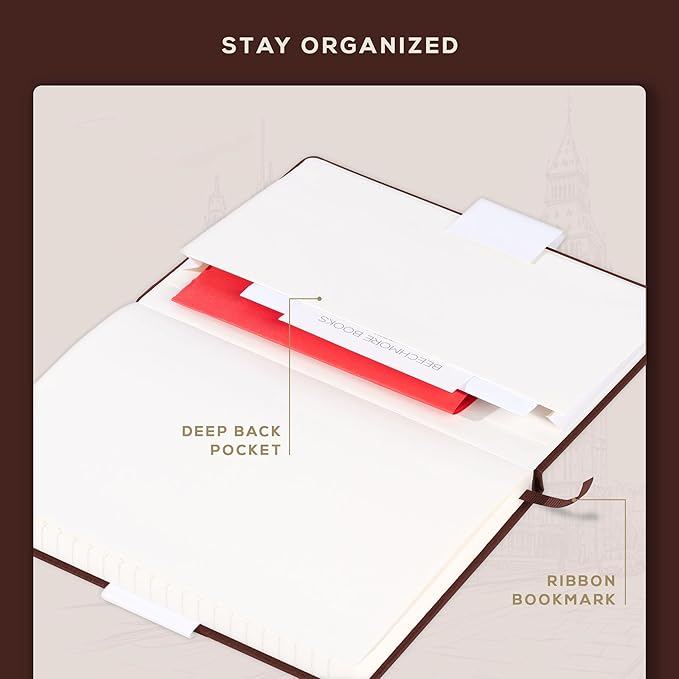 BEECHMORE BOOKS Lined Journal Notebook, 5.8 x 8.3 inch, A5 160 Lined Pages, Hardcover Leather Journals for Women, Men, Writing and Notebooks for Work - 120 GSM Thick Paper, Gifts Box Included (Chestnut Brown)-DeskLoop Office