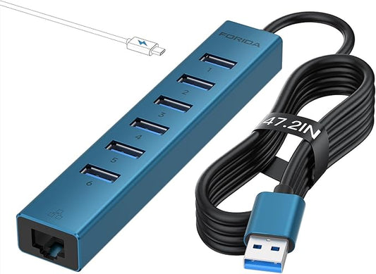 7 Ports USB 3.0 Hub, USB to Network HUB with 3.9ft Long Cable for Laptop, USB Splitter with Gigabit Ethernet Port and 5V/3A Power Port, MultiPort Aluminum Hub for iMac, PC, Flash Drives (Blue)-DeskLoop Office