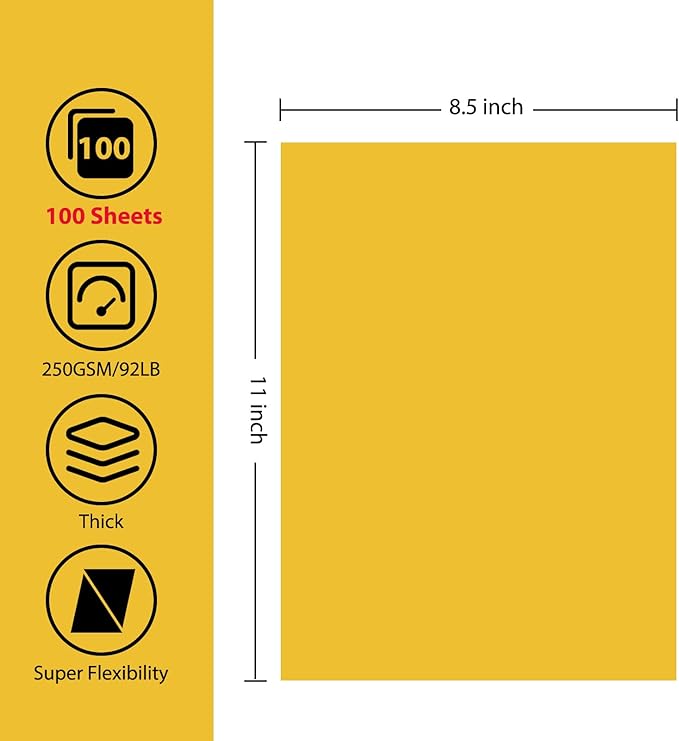 OcePor 100 Sheets Yellow Cardstock Paper, Colored Printer Paper 8.5 x 11, Card Stock Thick Construction for Craft,Scrapbook,Office Printing, Invitations, Certificates,92 lb/250gsm-DeskLoop Office
