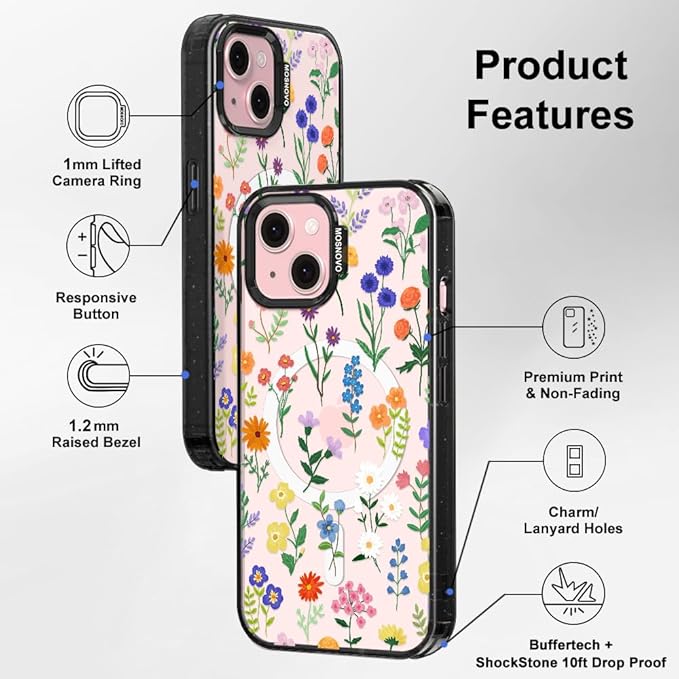 MOSNOVO Magnetic Case for iPhone 15 Plus, 10ft Military-Grade Protection, Compatible with Magsafe, Shockproof Phone Case for iPhone 15 Plus / 14 Plus - Botanical Floral - Clear Black-DeskLoop Office