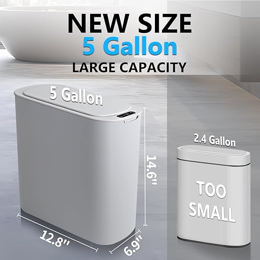 5 Gallon Motion Senor Bathroom Trash Can with Lid, Automatic Garbage Can Touchless, Smart Plastic Waste Basket for Narrow Spaces, Bathroom, Office, Bedroom, Living Room (Gray)-DeskLoop Office