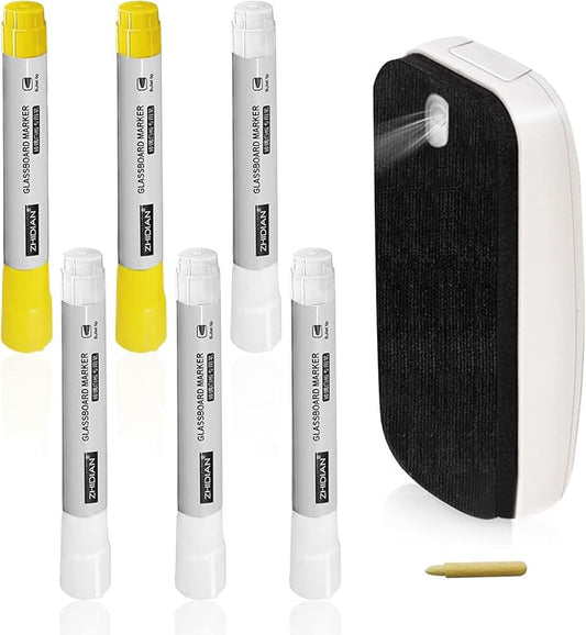 Dry Erase Markers for Black Glass Board, 2-in-1 Magnetic Chalkboard Spray Eraser & Washable Reversible Dual Tip Liquid Chalks - Bullet & Fine Point for Window Acrylic Refrigerator-DeskLoop Office
