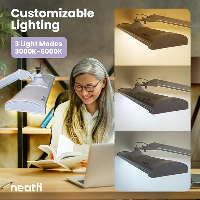 Neatfi Ultra 3,500 Lumen LED Desk Lamp, Color Correlated Temperature, 3 Light Modes, Dimmable, 45W, 26 Inch Wide Metal Shade, 540 SMD LEDs (CCT with Clamp, White)-DeskLoop Office