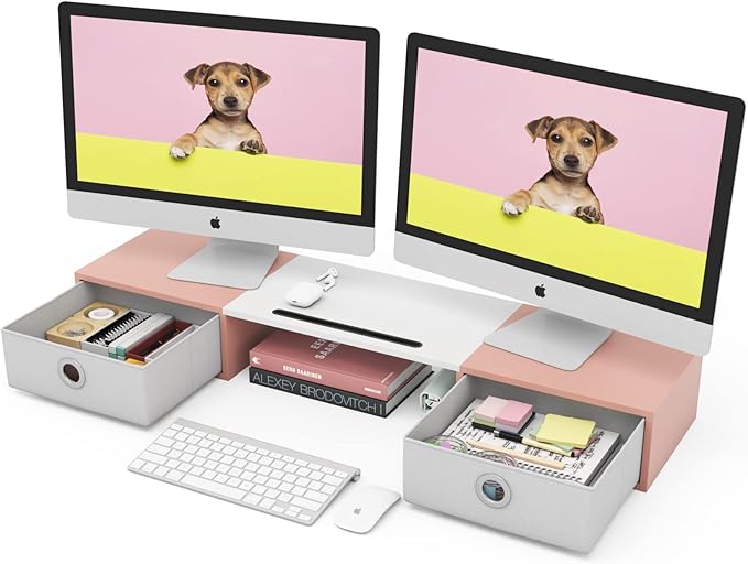 WESTREE Dual Monitor Stand Riser with Two Drawers, Extra Large Storage Monitor Stand for 2 Monitors, Desktop Oraganizer Stand for Computer,Laptop,Screen,Printer,TV-DeskLoop Office