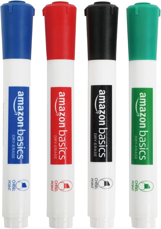 Amazon Basics Low-Odor Chisel Tip Dry Erase Whiteboard Marker, Pack of 4, Black, Red, Green, Blue-DeskLoop Office