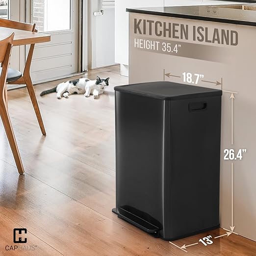 CAPHAUS Black Dual Trash Can w/Single Lid, Trash & Recycle Bins Combo, Hands-Free Stainless-Steel Garbage Can for Kitchen, with 2 Compartment, Hinged Lid, Odor Filters, Handles, 30L+30L, 2 x 8 Gal-DeskLoop Office