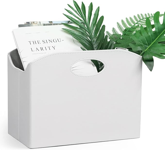 EZDeco Magazine Holder Foldable Magazine Rack Floor PU Leather File Holder Newspaper Book Storage Basket Document File Folder Organizer for Office Home (White-1)-DeskLoop Office
