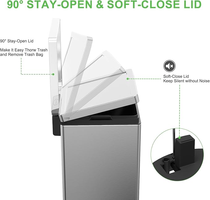 Trash Can with Lid - 30 Liter/8 Gallon Square Stainless Steel Trash Can with Odor Protection Kitchen Garbage Cans with Soft-Close Foot Pedal Step Bin for Bathroom Home Office Silver-DeskLoop Office