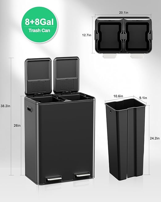 TLSUNNY Kitchen Dual Trash Can, 60L Hands-Free Stainless Steel Garbage Can, Classified Rubbish Bin with Double Compartments, Soft-Close Lid, Inner Bucket, Odor Control (60L) (Black)-DeskLoop Office