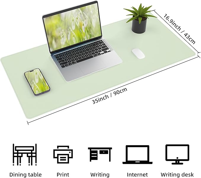 Leather Desk pad Protector, Large Desk mat with Natural Cork & PU Leather,Mouse pad,Non-Slip Office Desk Mat,Waterproof Desk Writing Pad for Office and Home (35in*17in, Light Green)