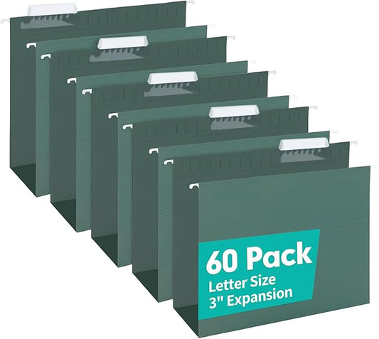 HERKKA Extra Capacity Hanging File Folders, 60 Pack Reinforced Letter Size Hanging Folders with Heavy Duty 3 Inch Expansion, Designed for Bulky Files, Medical Charts, Green-DeskLoop Office