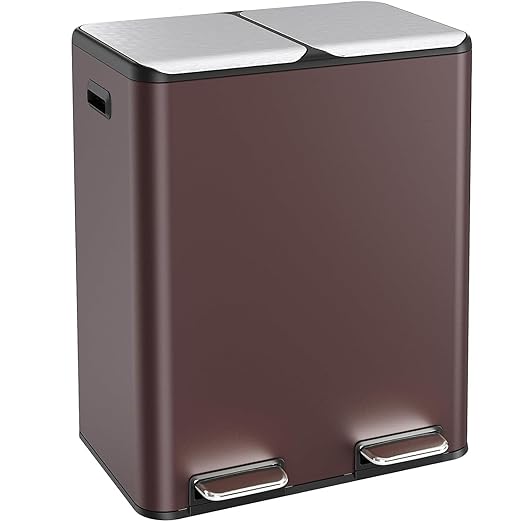 16 Gal (2 x 30 L) Dual Trash Can, Stainless Steel Kitchen Garbage Bin, Recycle Dustbin with Odor Control Box, Soft-Close Lid, Inner Buckets, Side Handle, Step Pedal, for Home Office-DeskLoop Office