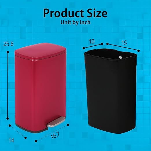 PayLessHere Stainless Steel Trash Can with Lid - Removable Inner Bucket, Foot Pedal, Soft Close for Office, Home, Kitchen (Red, 13 G)-DeskLoop Office