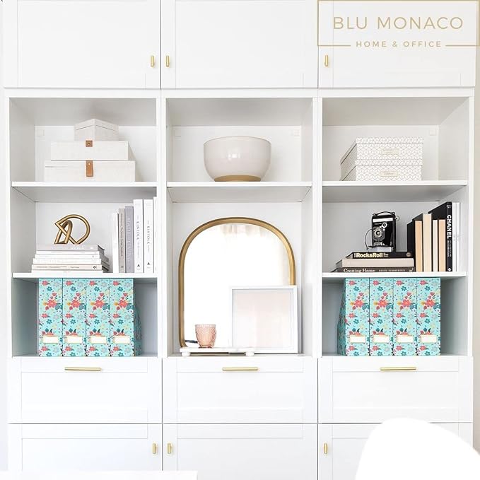 BLU MONACO Floral Magazine Holder, Set of 4 Foldable Magazine File Boxes, Aqua Floral Pattern with Gold Label Holder, Vertical Desk Organizer and Binder Holder-DeskLoop Office