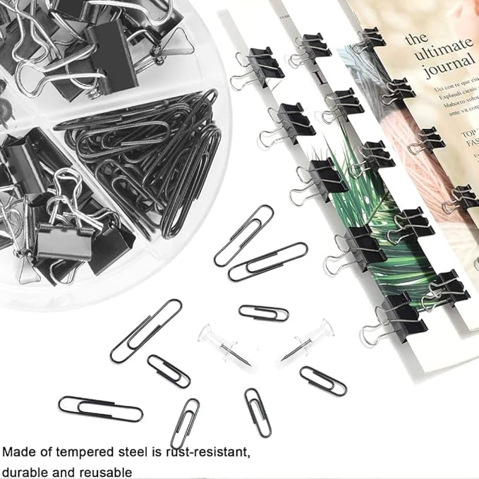 Paper Clips and Binder Clips Set, Metal Assorted Sized Binders with Push Pins, Black Office Supplies for Desk, Durable Desk Accessories-DeskLoop Office